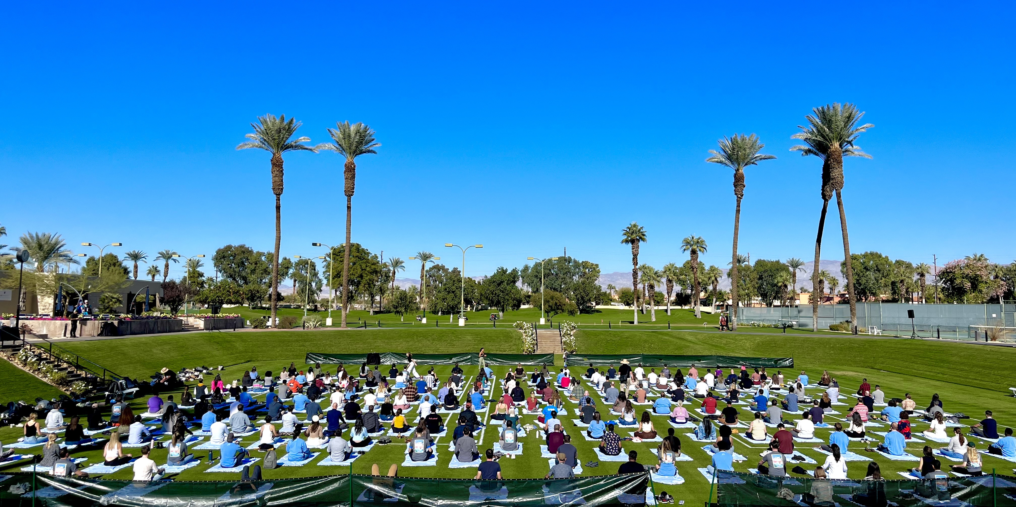 Photo of dozens of individuals meditating on blankets in a field with palm trees