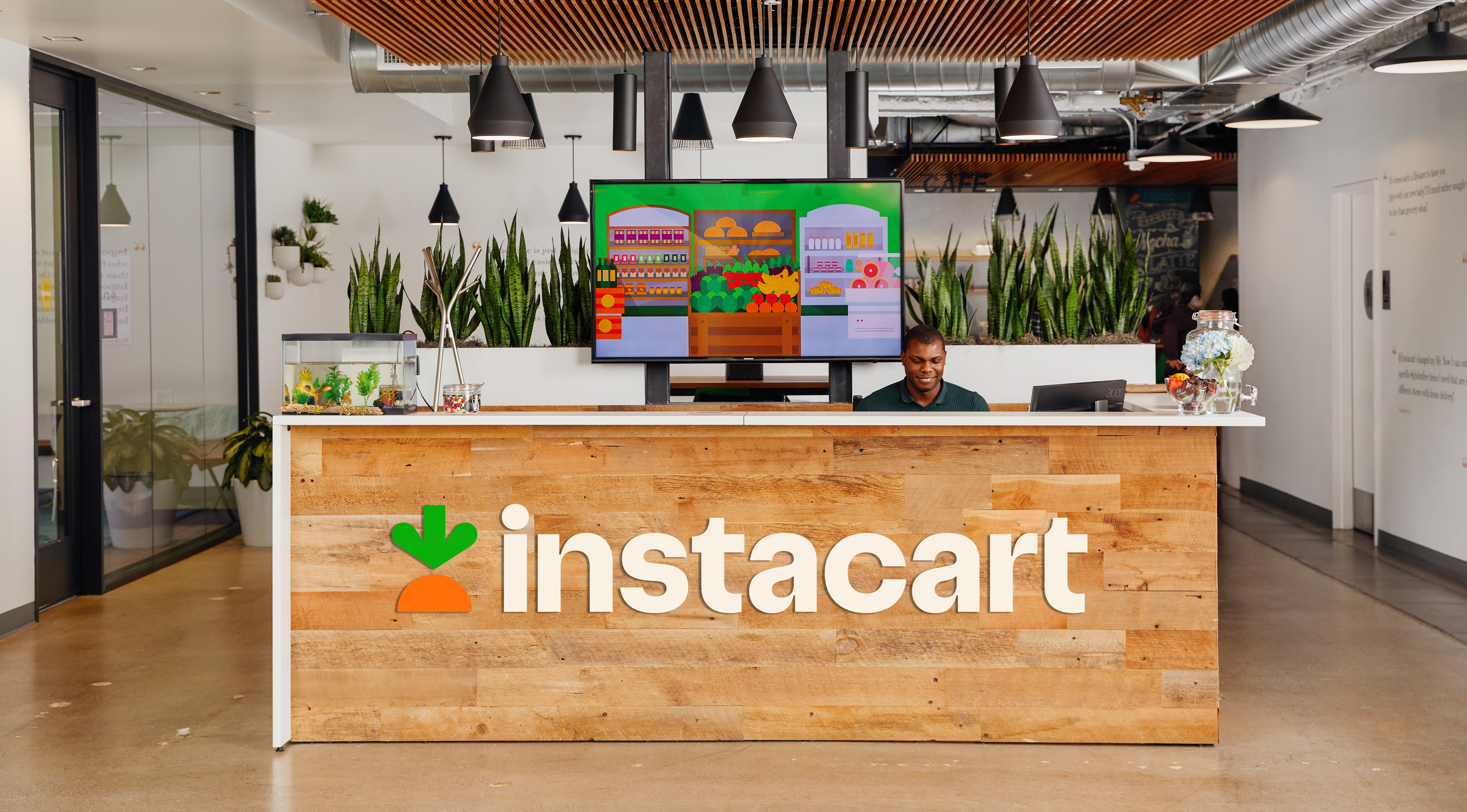 The welcoming lobby design at Instacart’s San Francisco office.