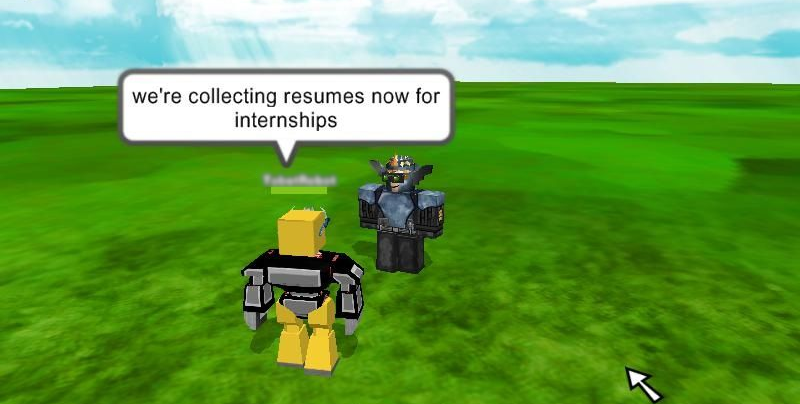 Screenshot of Roblox game with two characters and a speech bubble reading “we’re collecting resumes now for internships.”