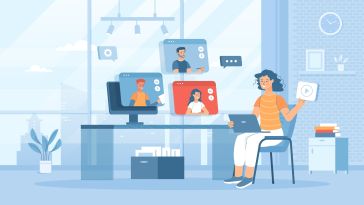 Illustration of a worker in her home office talking to coworkers on a video call